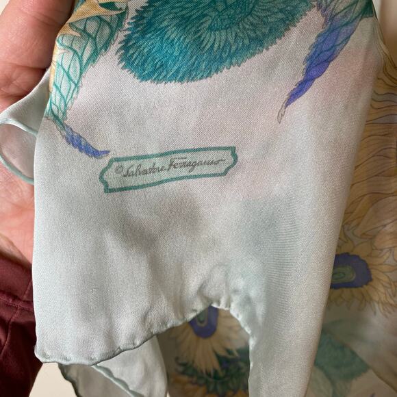 SALVATORE FERRAGAMO Vintage Silk Sunflower Print Pale Blue Long Length Scarf - Picture 5 of 7